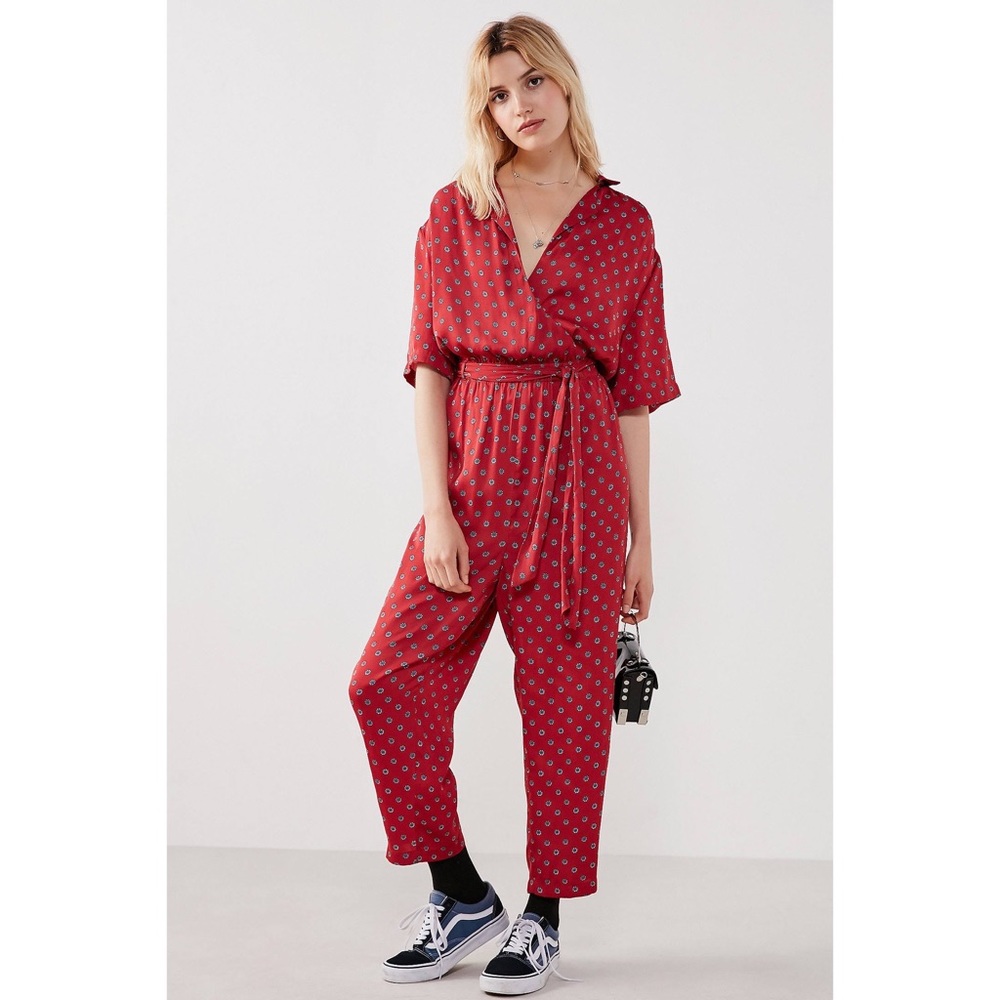 Urban Outfitters Bezel Red Wrap Belted Jumpsuit